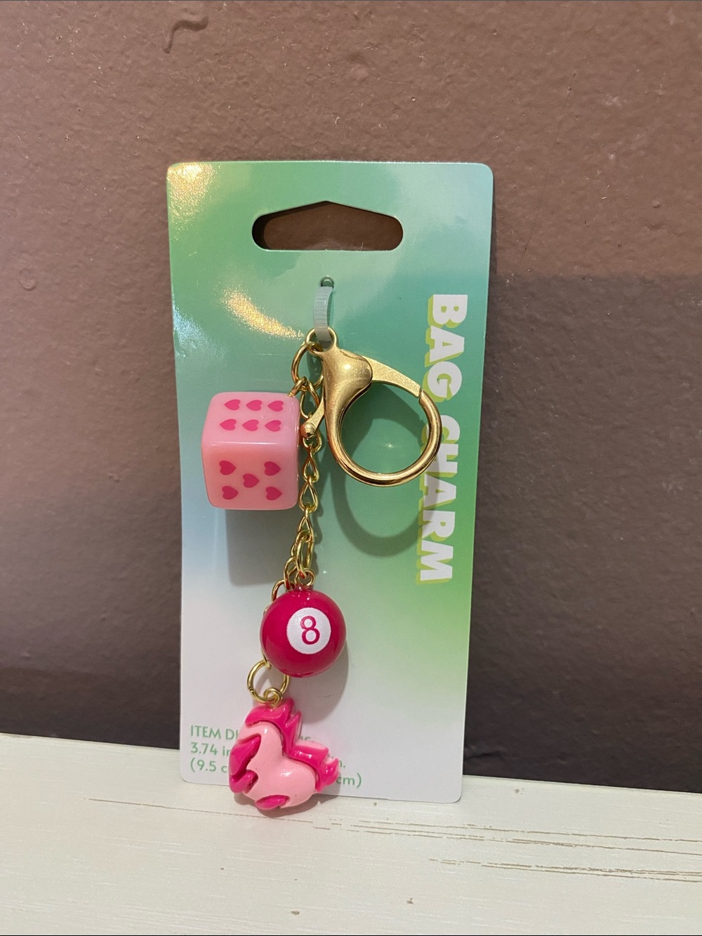 Pink Bag Charm with Dice, 8-Ball & Unicorn